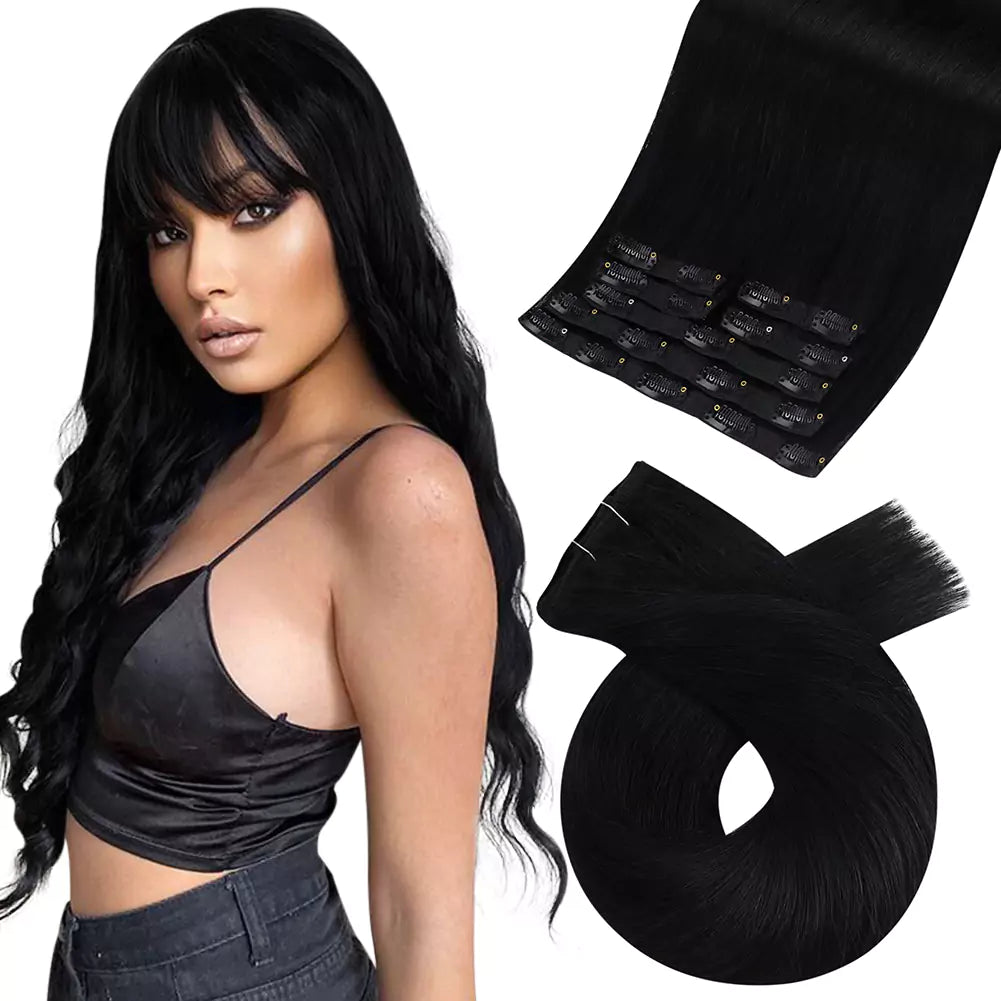 Synthetic clip - in hair extensions with a heat - resistant formula for easy stylingHigh Quality Clip In Virgin Human Hair Extension Jet Black #1