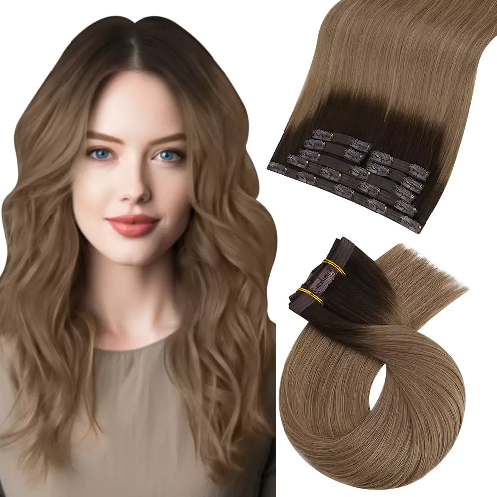 Clip - in hair extensions with a pre - ble[Sale]Balayage Color Clip in Virgin Human Hair Extensions Salon Quality #R2/DXB/18