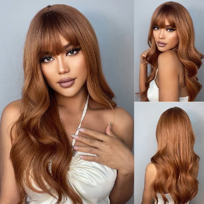 Wavy wig with a middle - part for a classic and elegant styleColored Brown Long Wavy Synthetic Wigs