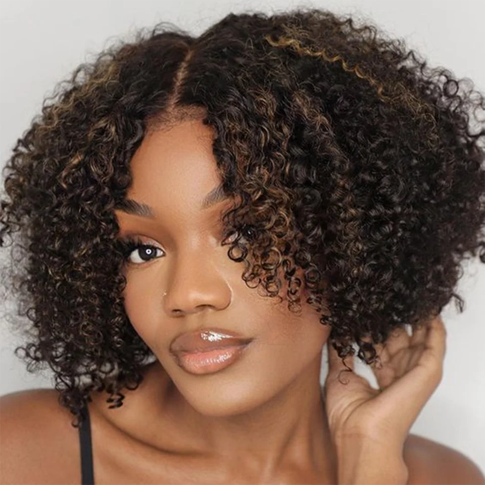 Human - hair curly wig with a bouncy and natural movementCurly Short Bob Highlight Kinky Hair Wig