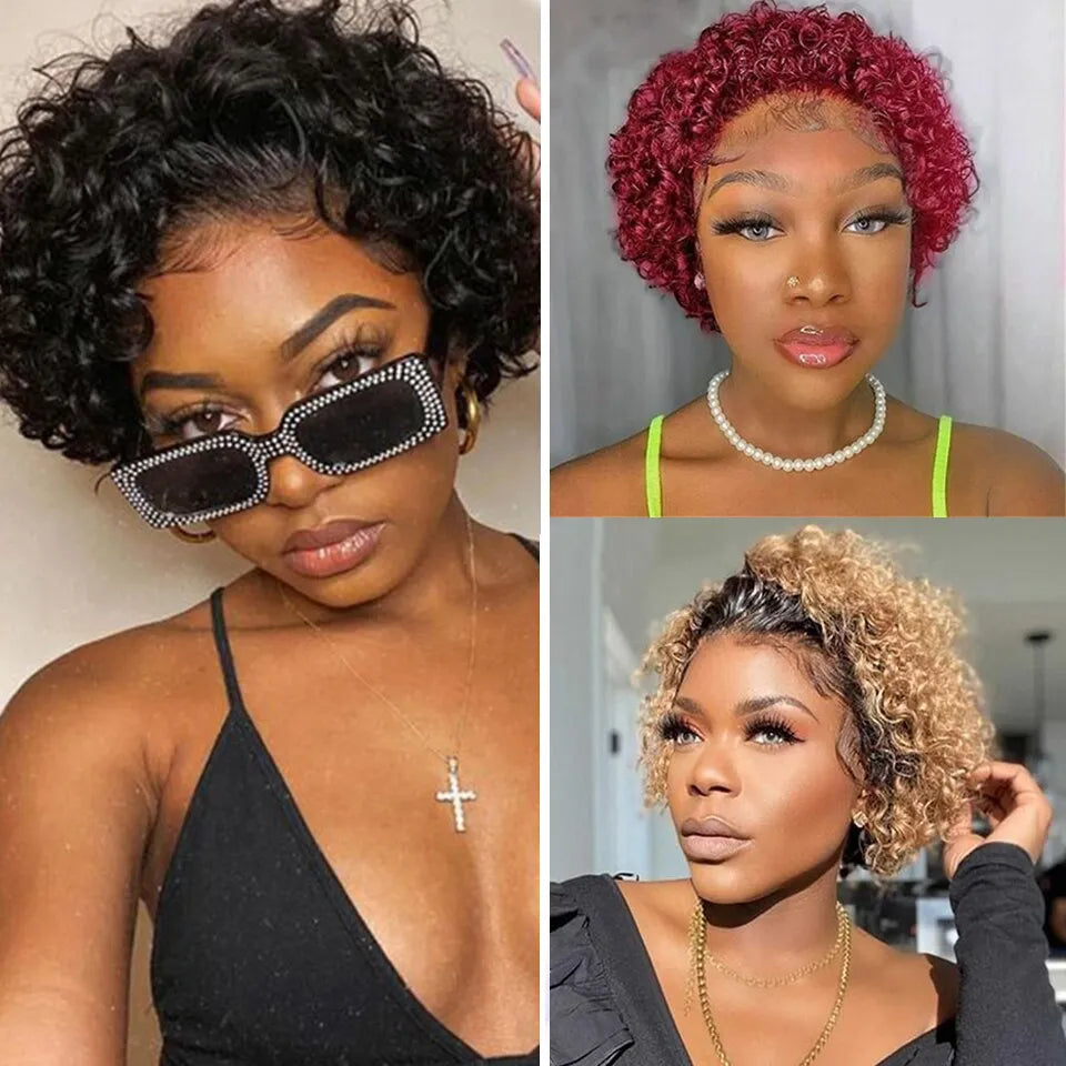 Curly wig with a natural - looking root for a more realistic lookCurly Wigs - Pixie Cut - Human Hair - Short Curly - Lace Front