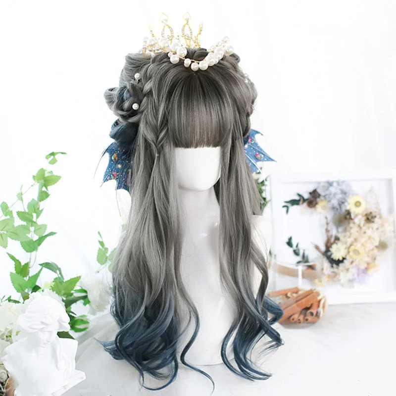 Curly wig with a pre - plucked hairline for a more natural lookCyan gray gradient blue long curly hair wig YV43697