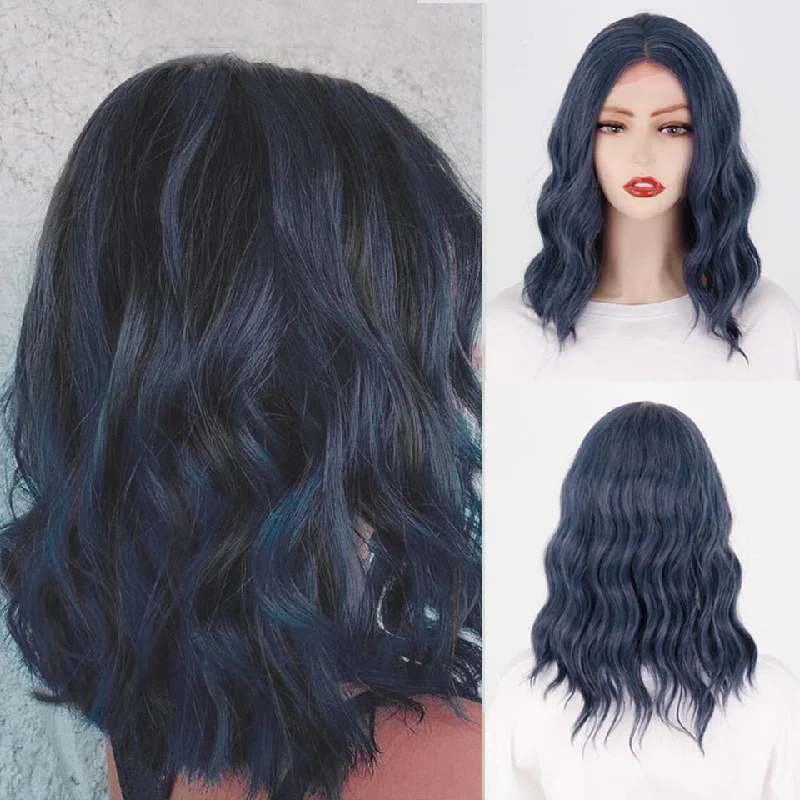 Wavy wig in a chocolate - brown color for a rich and warm appearanceDark Blue Wavy Short Bob Synthetic Wigs