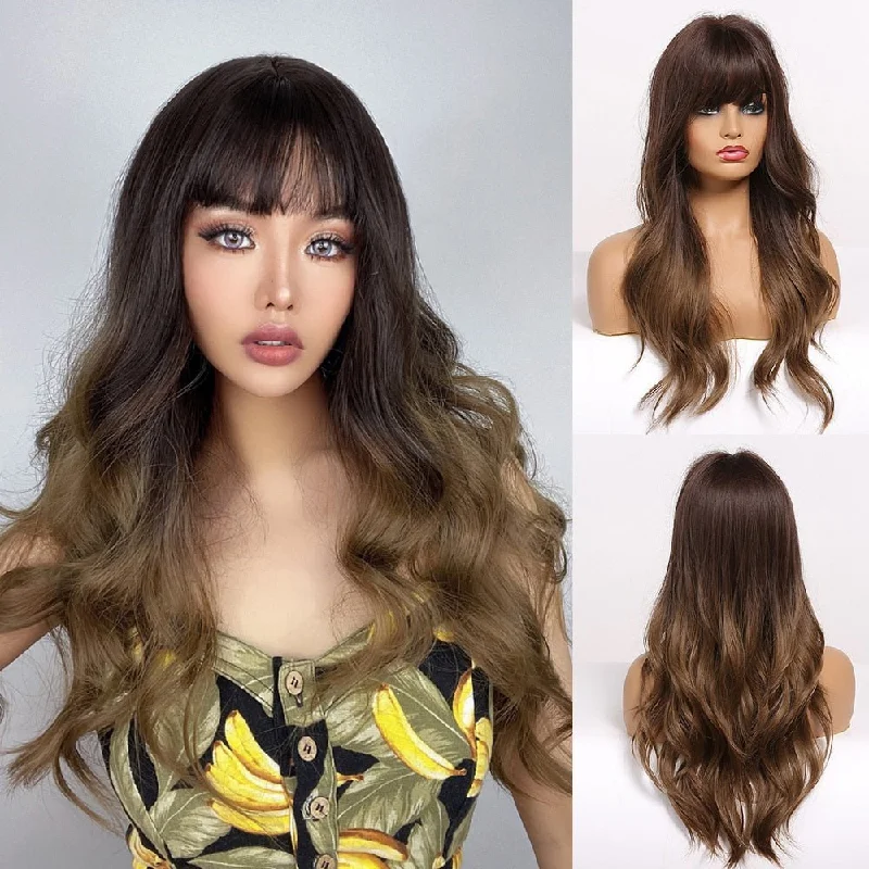 Wavy wig with auburn undertones for a unique and eye - catching colorDark Brown Colored Long Wavy Synthetic Wigs