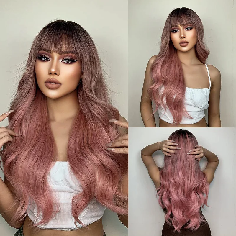 Wavy wig with a water - wave texture for a unique and stylish choiceDark Root Pink Long Wavy Synthetic Wigs