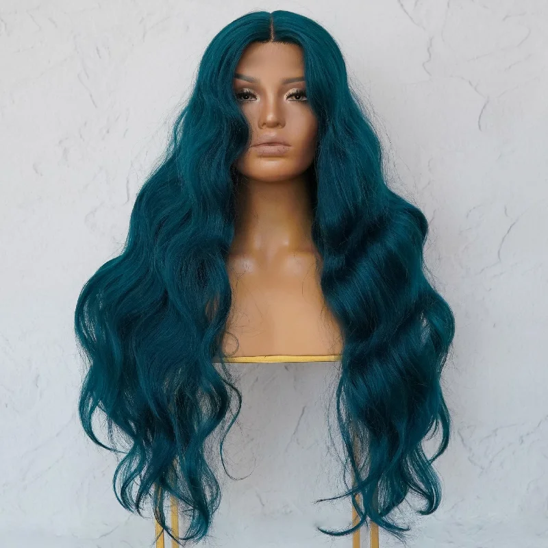 Wavy wig with a silk - base cap for a comfortable and smooth feelDELILAH Teal Blue 30" Lace Front Wig