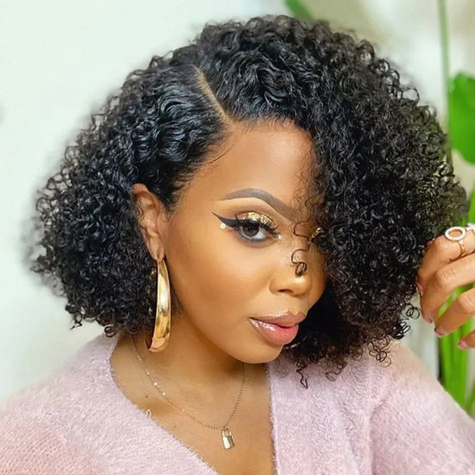 Curly wig with a silk - base cap for a comfortable and smooth feelGlueless Lace Frontal Short Curly Wigs