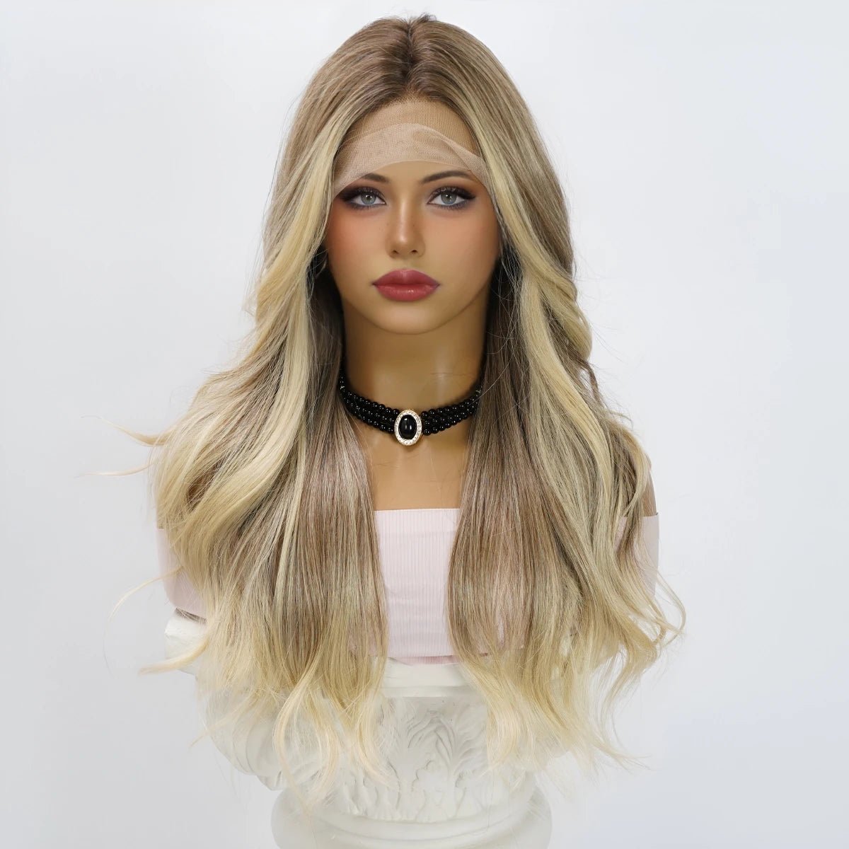 Wavy wig in a chocolate - brown color for a rich and warm appearanceGold Gradient Lace Front Wig