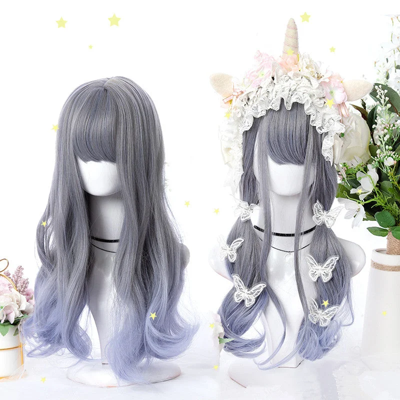 Curly wig with a 220 - density for an extra - full appearanceGray-blue gradient wig YV42508