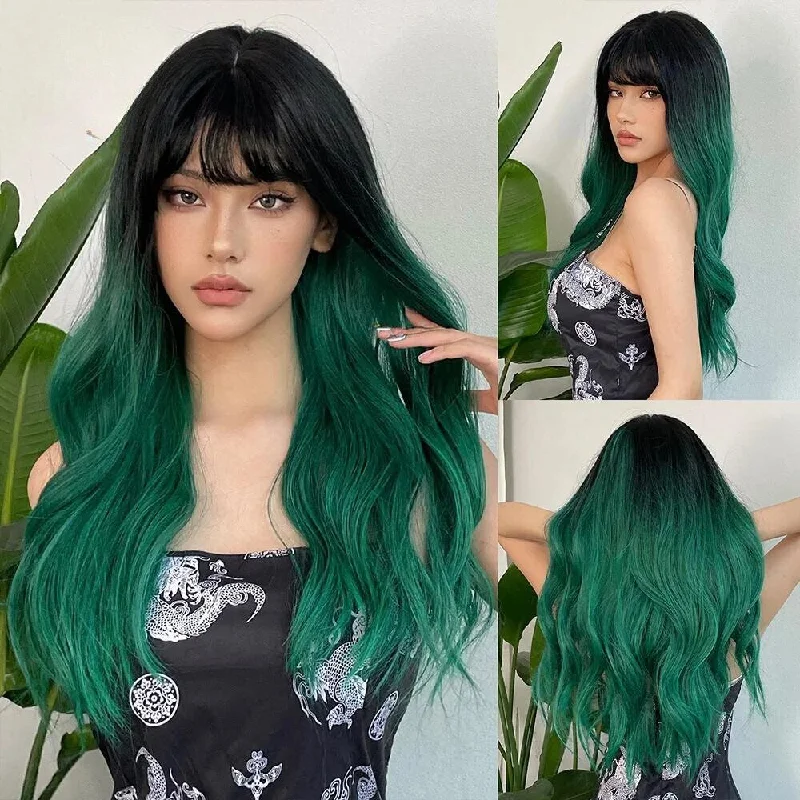 Wavy wig with a wispy fringe for a soft and feminine lookGreen Black Ombre Synthetic Wigs