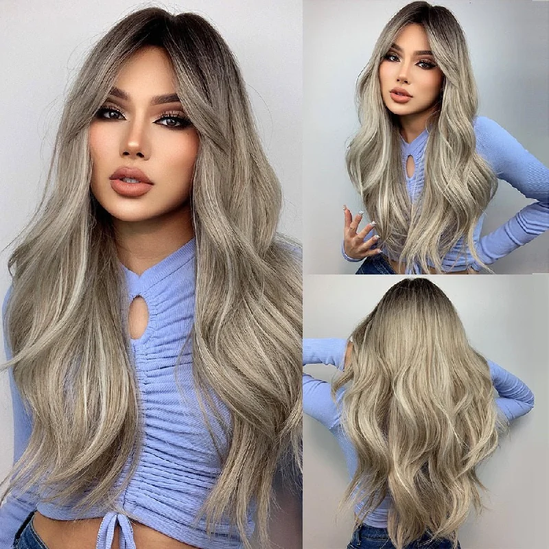 Body - wave wig with a full and voluminous lookGrey Dark Root Long Wavy Synthetic Wigs