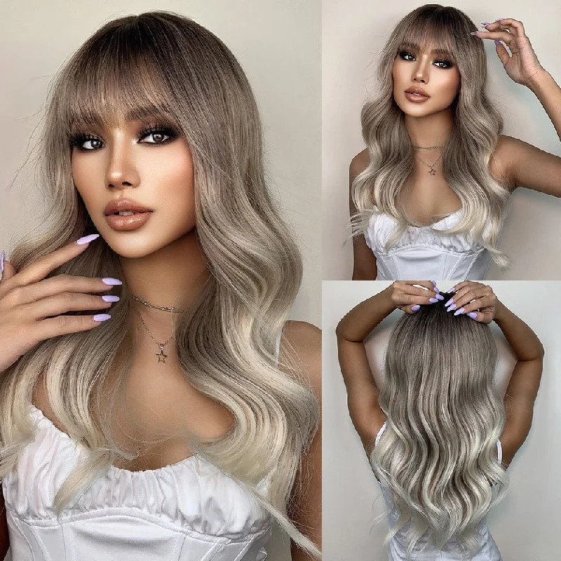 Wavy wig with a wispy fringe for a soft and feminine lookGrey Highlight Colored Long Wavy Synthetic Wigs