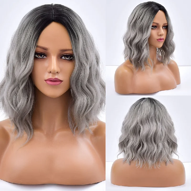 Wavy wig with a wavy bang for a trendy and modern styleGrey Short Bob Synthetic Wig With Bangs