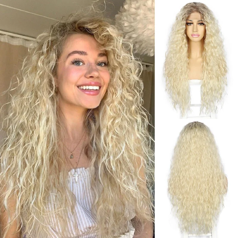 Curly wig with a honey - blonde color for a warm and sunny appearanceHeat Resistant Ombre Blonde Curly Synthetic Lace Front Wig