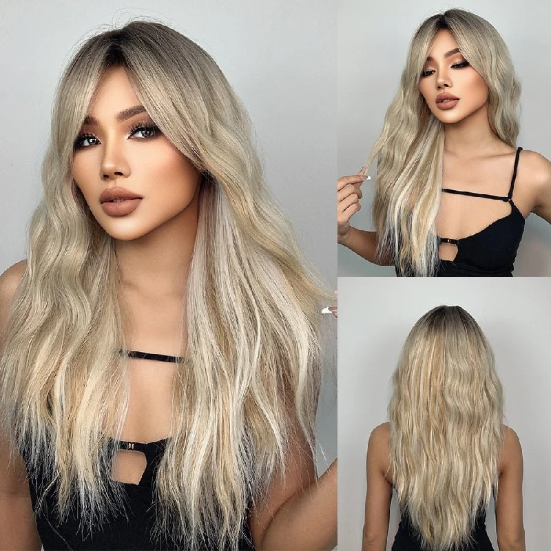 Wavy wig with a side - part for a more flattering lookHighlight Colored Grey Long Wavy Synthetic Wigs