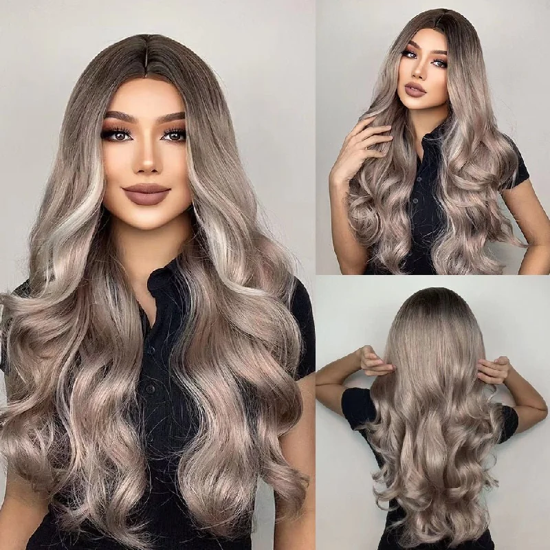 Wavy wig with a wispy fringe for a soft and feminine lookHighlight Colored Long Wavy Synthetic Wigs