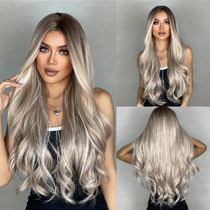 Heat - resistant wavy wig for easy styling at homeHighlight Grey Colored Long Wavy Synthetic Wigs