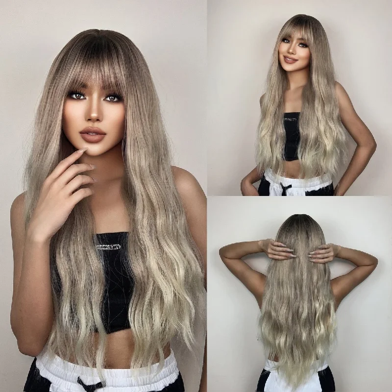 Heat - resistant wavy wig for easy styling at homeHighlight Grey Long Wavy Synthetic Wigs