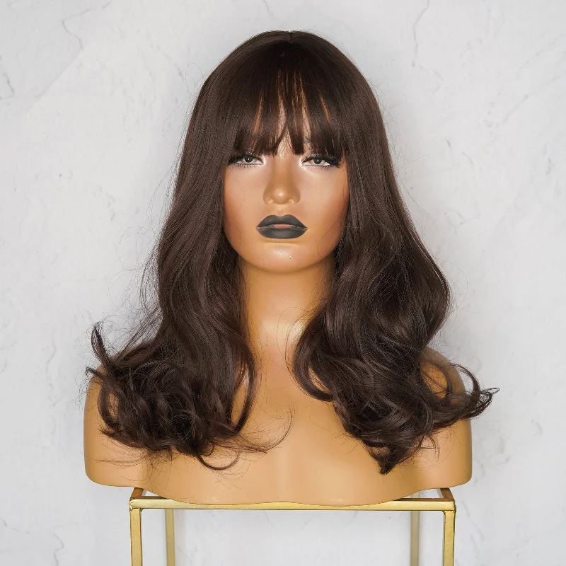 Human - hair wavy wig for a natural and luxurious feelIMMY Chocolate Brown Fringe Wig