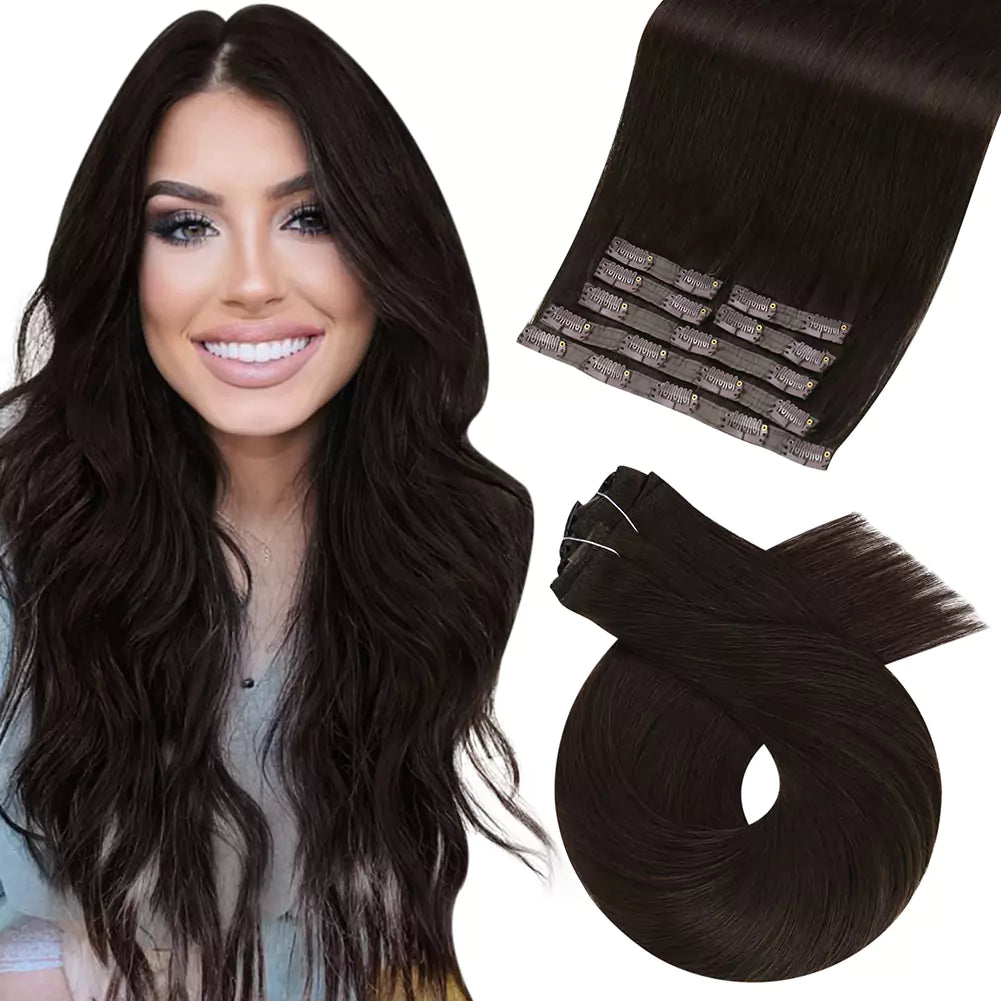 Clip - in hair extensions in a jet - black color for a classic and timeless appearanceInvisible Clip in Virgin Hair Extensions Human Hair Darkest Brown #2