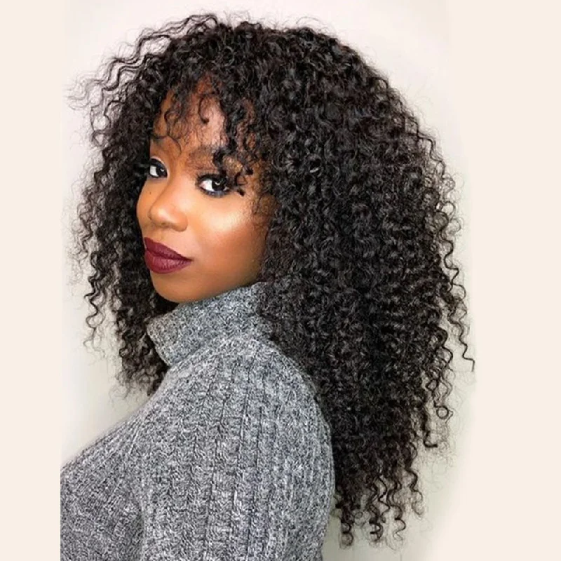 Afro - curly wig with a full and voluminous lookJerry Curly Wigs With Bangs - Human Hair