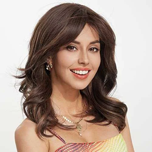 Curly wig with a wavy fringe for a soft and feminine lookLayered Warm Brown Synthetic Curly Hair Wig with Bangs