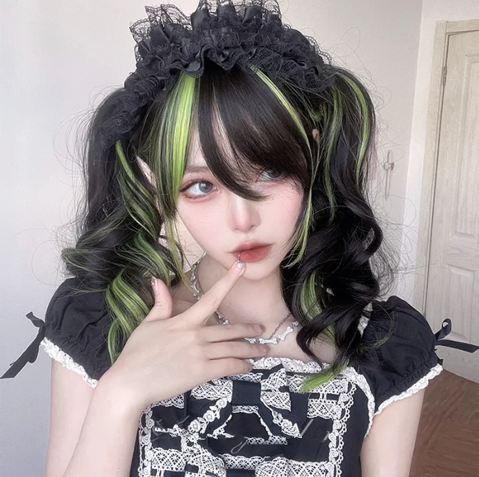 Virgin - human - hair curly wig for the highest qualityLolita Black Highlight Green Wig yv31076