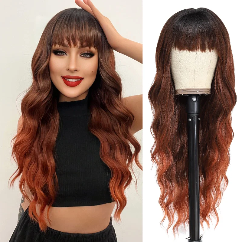 Lace - front curly wig for a seamless hairlineLong Ombre Auburn Wig with Bangs