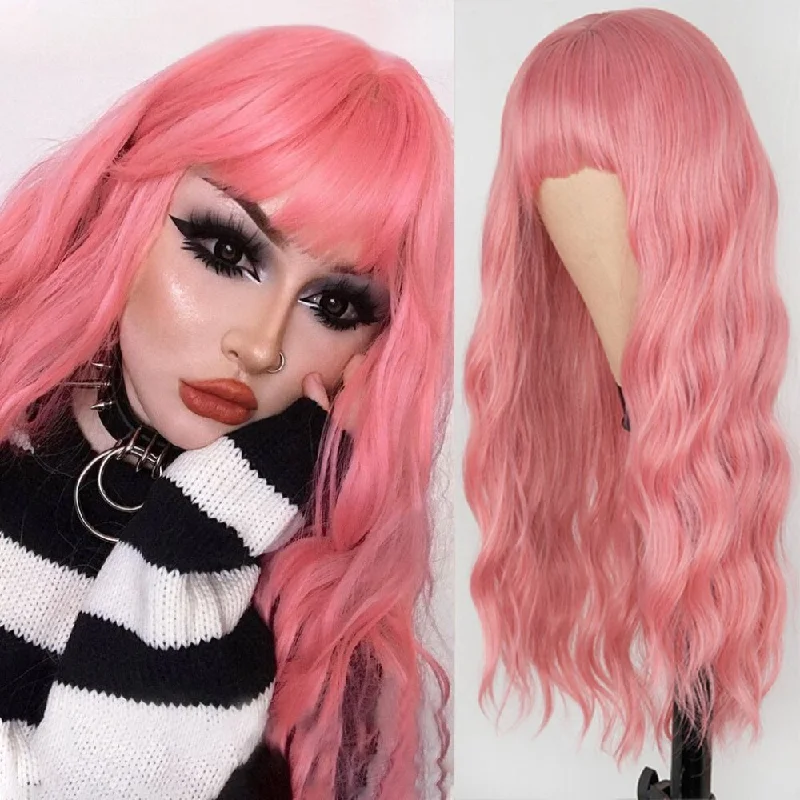 Human - hair wavy wig for a natural and luxurious feelLong Pink Wavy Synthetic Wig