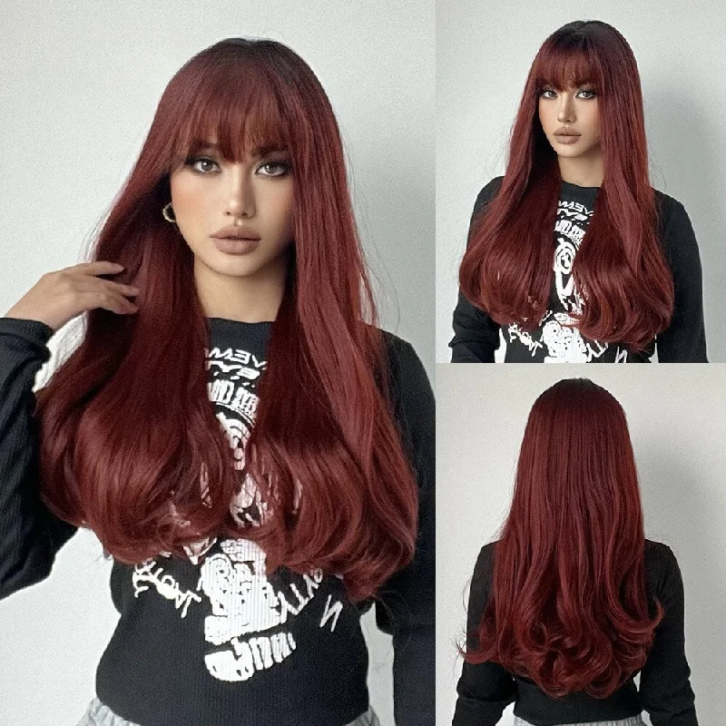 Wavy wig with a pre - bleached knot for a natural - looking scalpLong Wavy Wine Red with Bangs Synthetic Wig