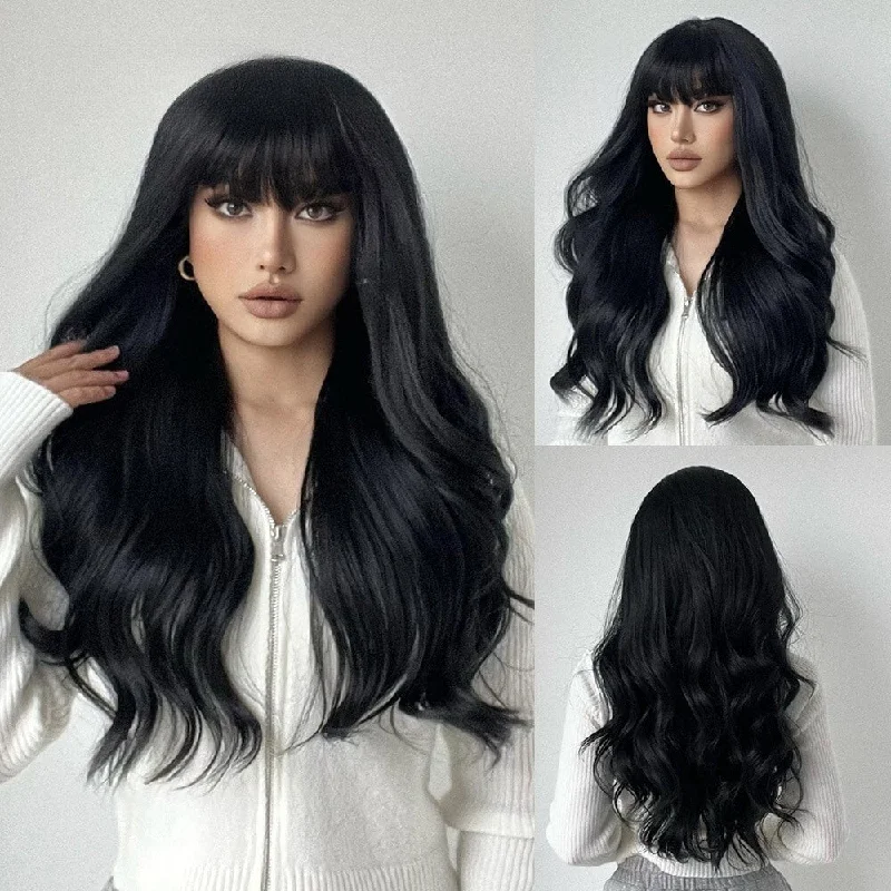 Wavy wig with a side - part for a more flattering lookLong Wavy Black with Bangs Synthetic Wig