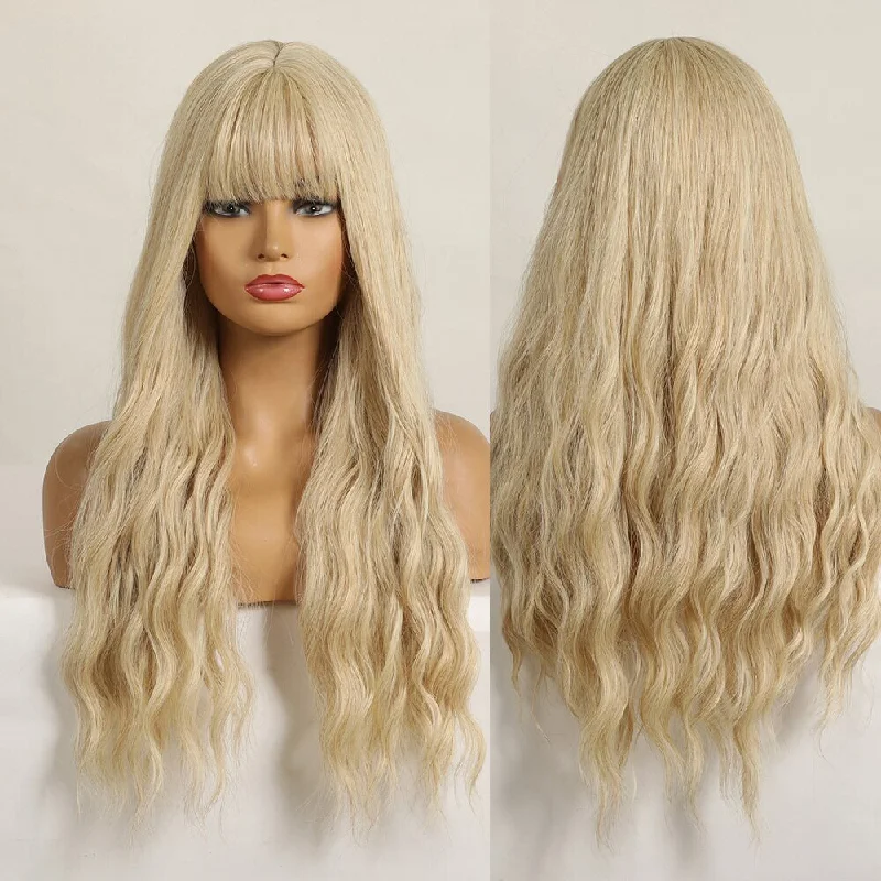 Wavy wig with a silk - base cap for a comfortable and smooth feelLong Wavy Blonde Synthetic Wig