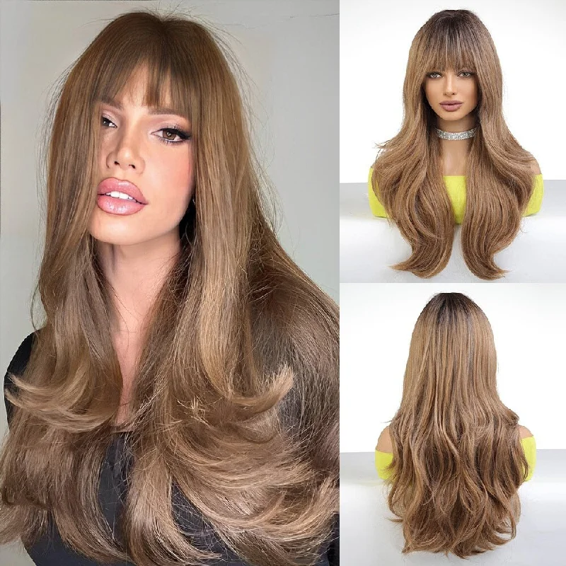 Wavy wig with a wispy fringe for a soft and feminine lookLong Wavy Blonde with Bangs Synthetic Wig