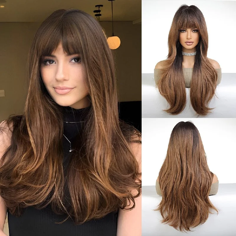 Ombre wavy wig with a seamless color blendWavy Brown Highlights with Bangs Synthetic Wig