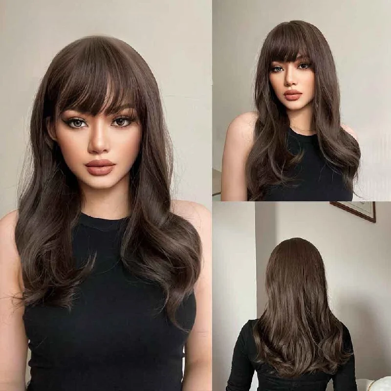 Wavy wig with auburn undertones for a unique and eye - catching colorWavy Long Brown Hair Synthetic Wig