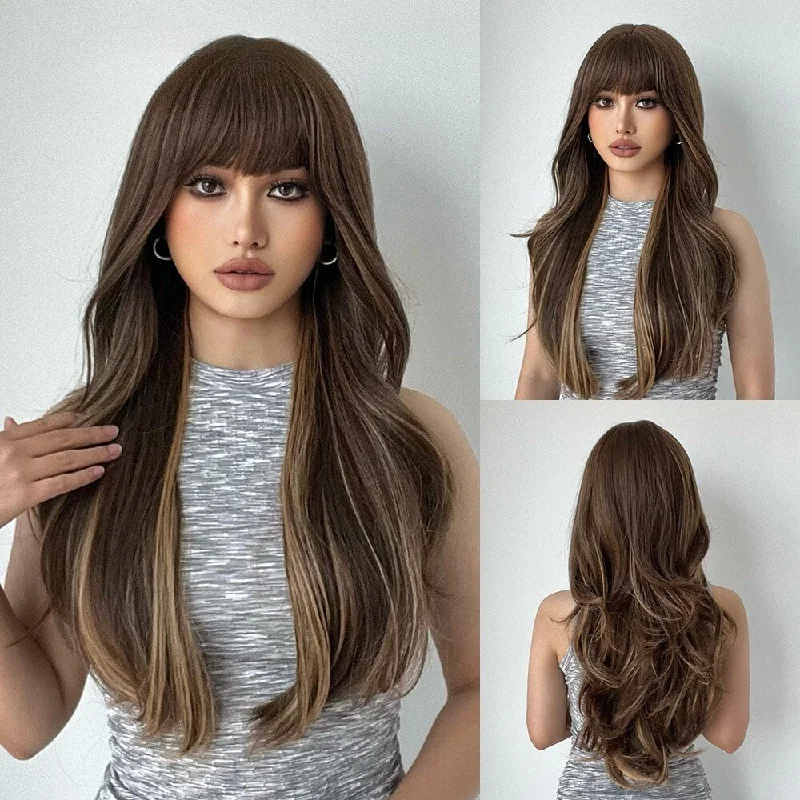 Heat - resistant wavy wig for easy styling at homeWavy Highlights with Bangs Synthetic Wig