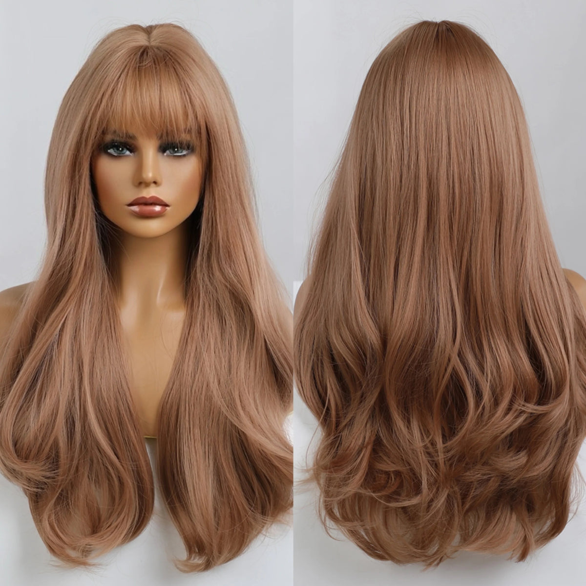 Wavy wig with a wavy bang for a trendy and modern styleLong Wavy Brown Synthetic Wigs