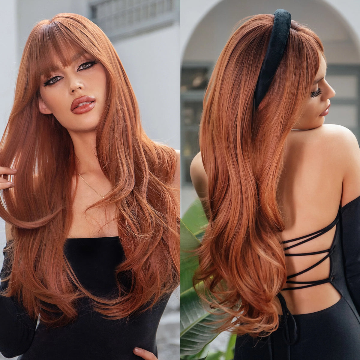 Wavy wig with a wispy fringe for a soft and feminine lookLong Wavy Brown Synthetic Wigs