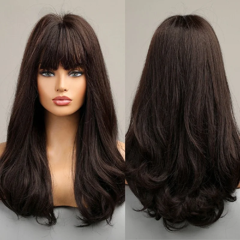 Lace - front wavy wig for a realistic hairlineLong Wavy Dark Brown Synthetic Wig