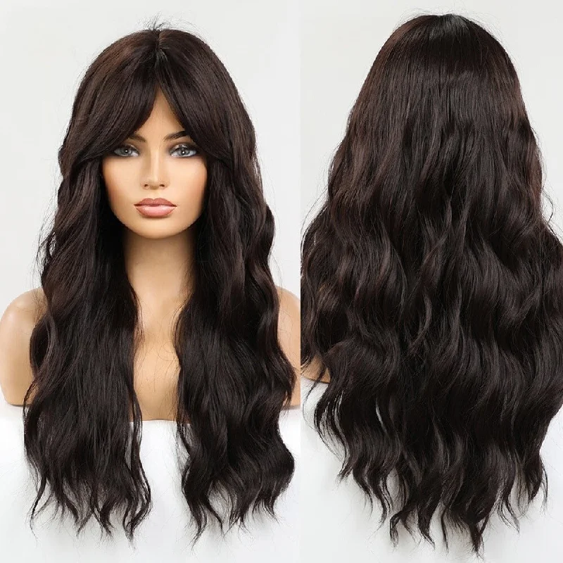 Wavy wig with a pre - bleached knot for a natural - looking scalpLong Wavy Dark Brown Synthetic Wig