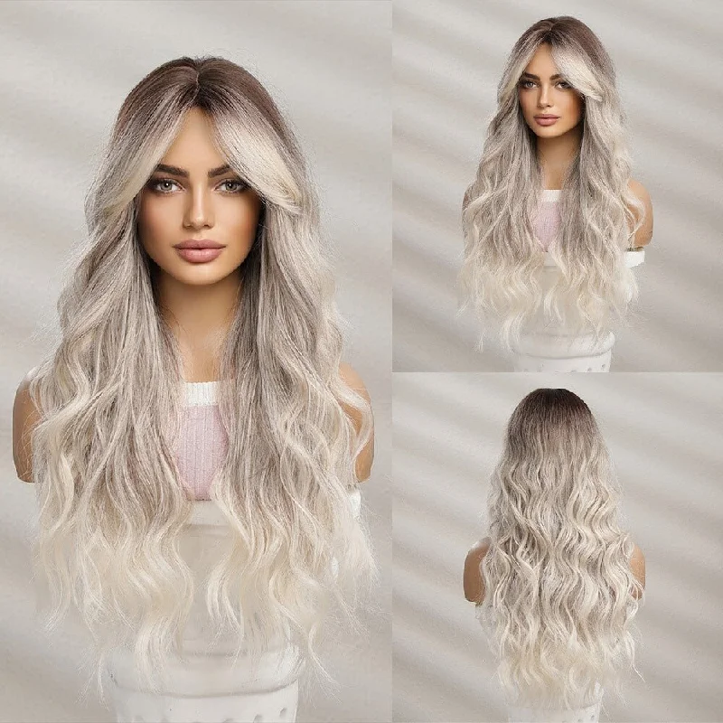 Long - length wavy wig with loose waves for a glamorous lookLong Wavy Ombre Grey Synthetic Wig