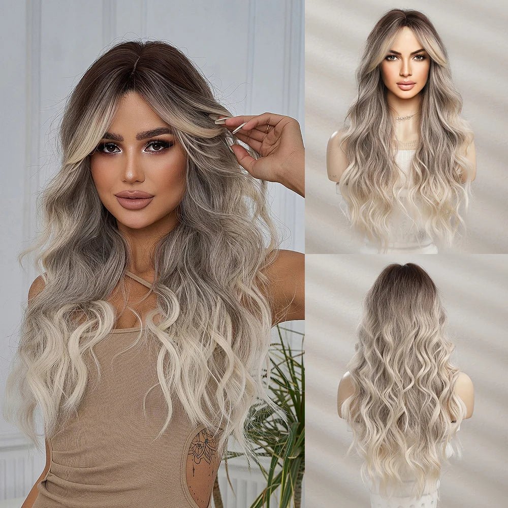 Wavy wig with a 180 - density for a full and thick appearanceLong Wavy Ombre Grey Synthetic Wigs