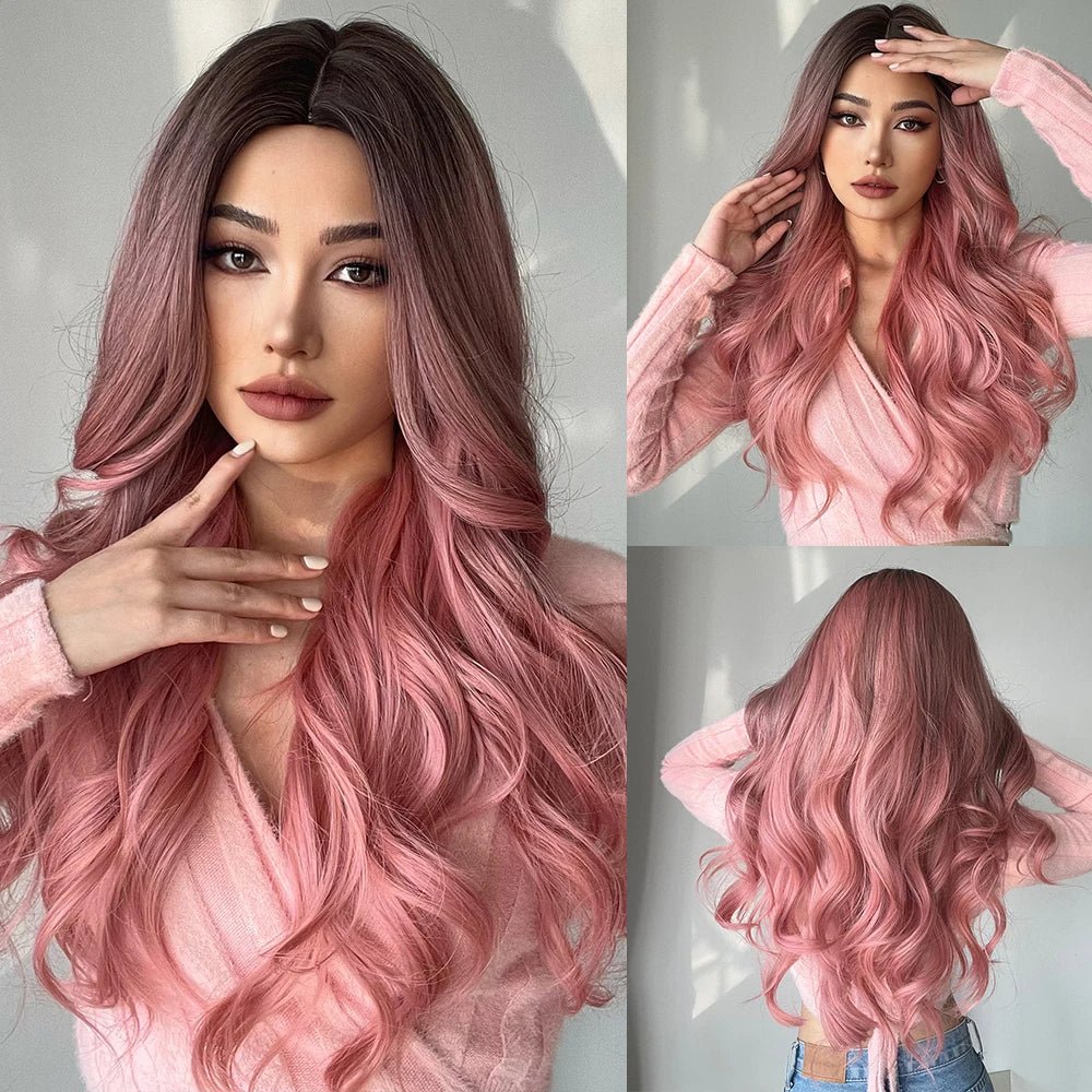 Lace - front wavy wig for a realistic hairlineLong Wavy Ombre Pink Synthetic Wigs