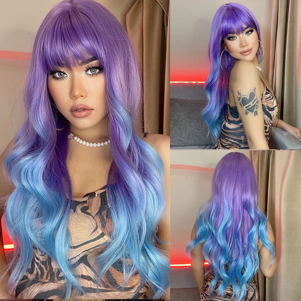 Ombre wavy wig with a seamless color blendLong Wavy Ombre Purple Synthetic Wigs