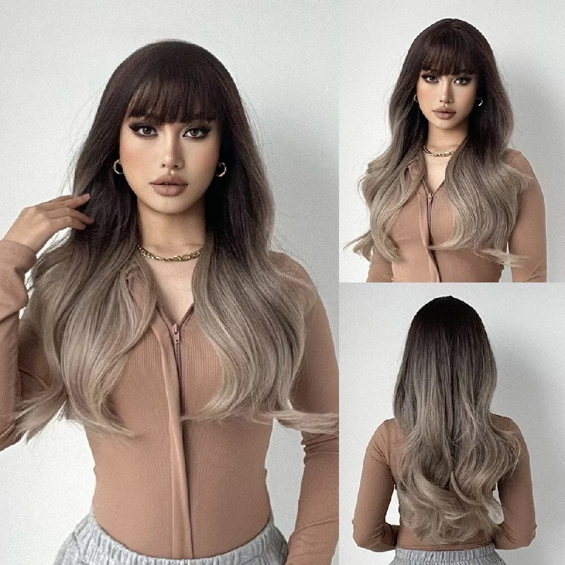 Wavy wig with a middle - part for a classic and elegant styleLong Wavy Ombre with Bangs Synthetic Wig