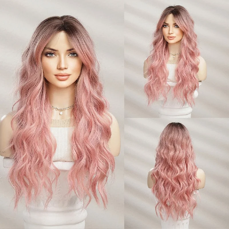 Wavy wig in a chocolate - brown color for a rich and warm appearanceLong Wavy Pink Dark Root Synthetic Wig