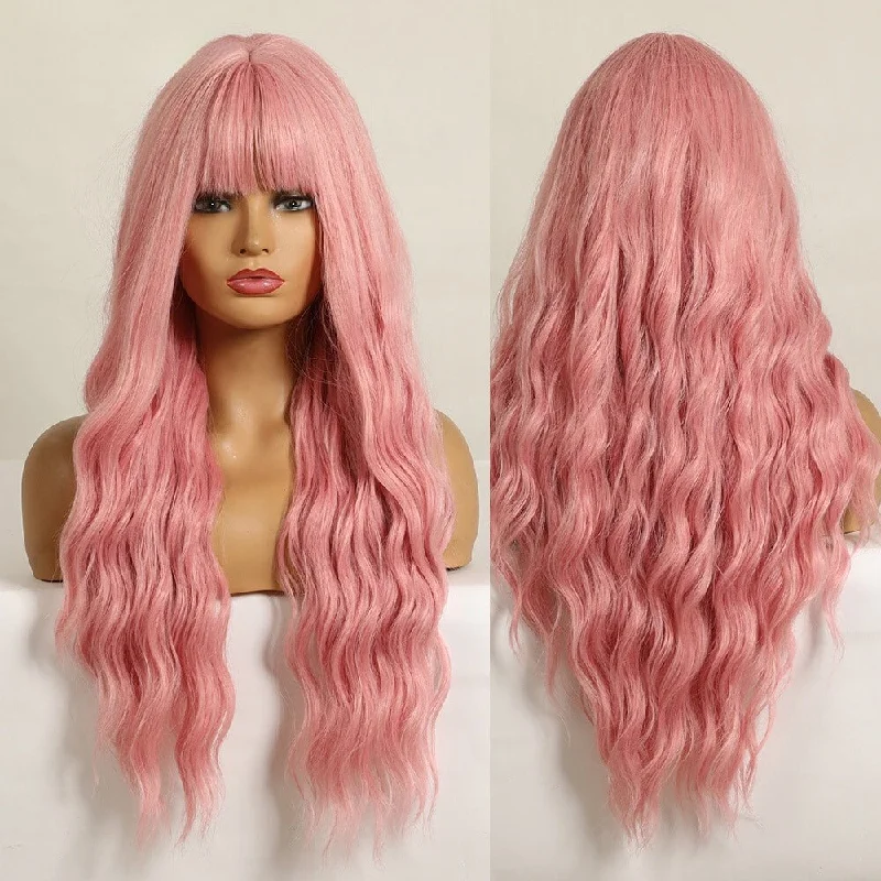 Human - hair wavy wig for a natural and luxurious feelLong Wavy Pink Synthetic Wig