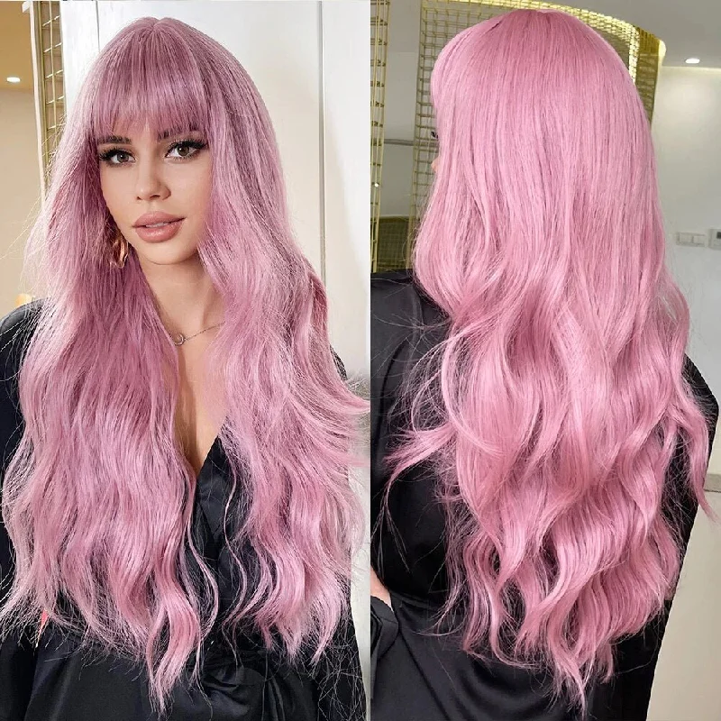 Wavy wig with auburn undertones for a unique and eye - catching colorLong Wavy Pink Synthetic Wigs