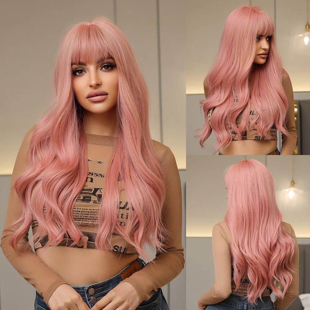 Long - length wavy wig with loose waves for a glamorous lookLong Wavy Pink Synthetic Wigs