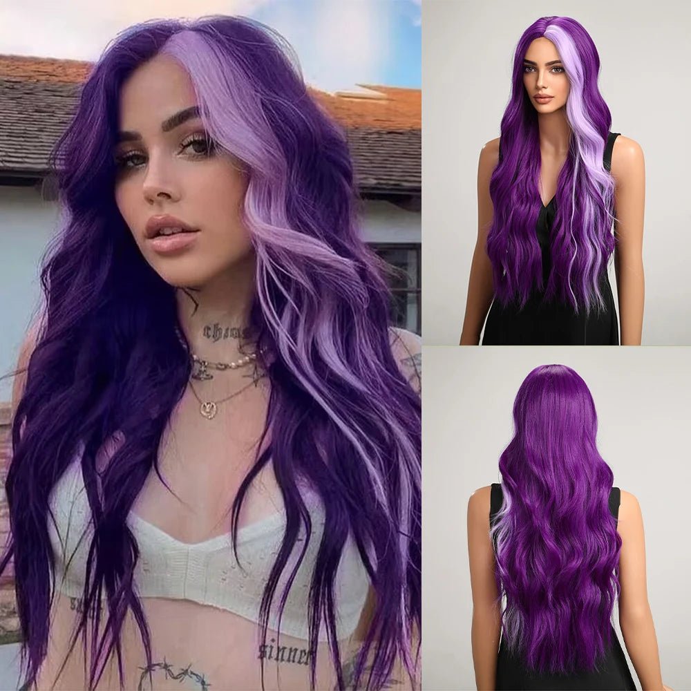 Wavy wig with auburn undertones for a unique and eye - catching colorLong Wavy Purple Synthetic Wigs